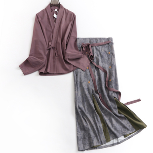 紫色v领系带新中式汉服长袖，女衬衫印花高腰，半身裙女可配套装m769