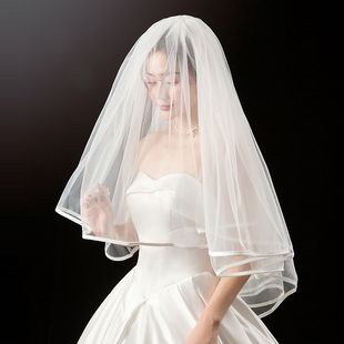 韩式新娘蓬蓬头纱多层婚纱，结婚包边头纱，简约短款韩式旅拍头纱