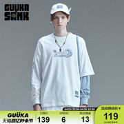 guuka&sank联名白色长袖t恤男潮牌嘻哈纯棉印花运动假两件长t宽松