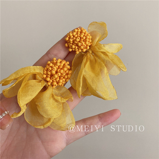 波西米亚超仙法式雪纺黄色花朵气质高级感夏季耳环浪漫氛围感耳饰