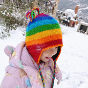 冬季尼泊尔儿童羊毛帽手工毛线帽彩色女童捂耳帽男童滑雪帽护耳帽