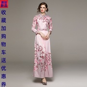 欧式宫廷风高级感时尚印花粉色大码衬衫连衣裙法式英伦风复古长裙