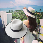 夏天大(夏天大)帽檐m草帽礼帽女士夏季韩版太阳帽，沙滩遮阳白色爵士帽子潮
