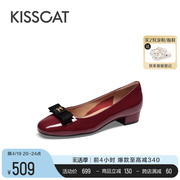 KISSCAT接吻猫2024春季蝴蝶结圆头真皮鞋粗跟法式舒适单鞋女