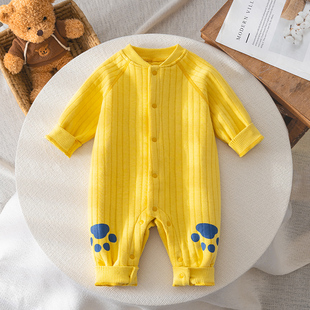 宝宝秋季薄棉衣服婴儿外出保暖连体衣超萌可爱新生儿，夹棉哈衣黄色