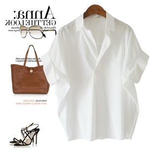 欧货夏季polo领白色短袖衬衫，女蝙蝠袖宽松衬衣，v领雪纺上衣潮