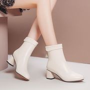 春秋女短靴中跟半筒靴白色镂空网靴洞洞鞋粗跟牛皮凉靴中筒靴加绒