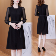 2024春秋黑色雪纺裙子，系带收腰显瘦法式有女人味，的时尚连衣裙