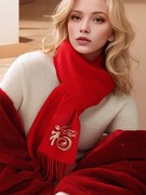 红色针织围巾女冬季短款纯色高级感百搭保暖围脖毛线圣诞新年披肩