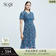 SUSSI/古色夏季蓝色X型短袖雪纺灯笼袖印花连衣裙女