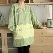 日系女士刺绣可爱猫咪棉布家居，罩衣反穿衣防污厨房长袖围裙