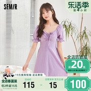 森马连衣裙女2024夏季紫色格子裙子温柔风气质收腰泡泡袖裙子