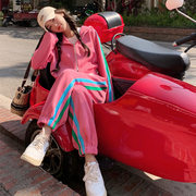 粉色休闲运动卫衣套装女2023春秋，韩版学院风减龄直筒裤两件套