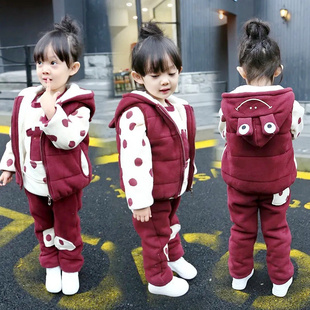 韩版洋气男女童卫衣套装，加绒加厚宝宝三件套婴儿童外套带帽秋冬季