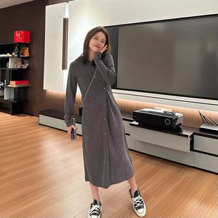 YO定制韩系气质设计感连帽长袖连衣裙小个子休闲收腰显瘦长裙子