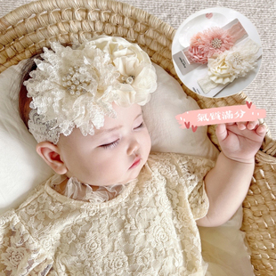 韩国定制闪闪婴儿童女宝宝珍珠满月周岁公主蕾丝花朵发头饰品发带