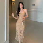 越南设计师重工长裙小礼服，女名媛立体花朵镂空网纱蕾丝吊带连衣裙