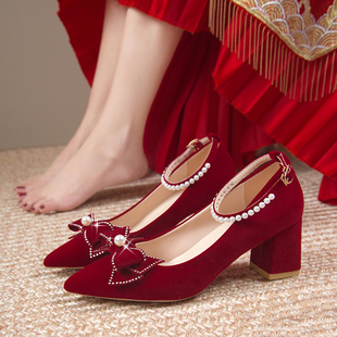 主婚纱婚鞋不累脚2024年水晶，红色礼服中式新娘禾秀两穿高跟鞋