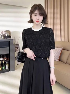 黑色镂空蕾丝短袖衬衫2024设计感小众短款气质显瘦上衣夏季女