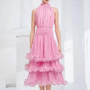 粉色晚礼服2024春夏宴会立领，无袖褶皱收腰立体花朵蛋糕连衣裙长裙