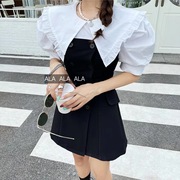 韩国东大门娃娃领连衣裙女2021夏收腰小个子网红设计感小黑裙