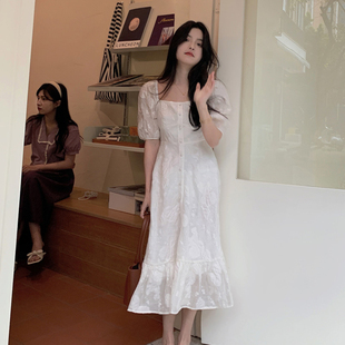 爱丽丝领证小白裙法式复古方，领白色修身蕾丝，连衣裙150小个子长裙