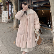 粉色羽绒服女2023冬季韩系学院，风加厚小个子中长款白鸭绒(白鸭绒)外套