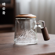 日式木把玻璃办公杯带过滤花茶杯加厚耐高温玻璃水杯茶水分离泡茶