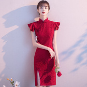 改良旗袍新娘敬酒服2023春季复古性感红色，年轻短款连衣裙