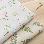 印花棉麻布料绿叶栀子花，手工diy布头桌布沙，发布亚麻布花布背景布