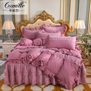 欧式全棉夹棉蕾丝床裙款四件套床上用品，纯棉加厚床罩4件套被套2米