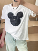 韩版时尚设计感气质米奇钉珠重工艺蕾丝拼圆领正肩短袖T恤上衣女
