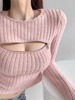 性感心机镂空拉链露胸粉色针织，打底衫女冬季内搭毛衣上衣春秋外穿