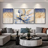 手绘油画客厅装饰画，现代简约花卉三联沙发，背景墙挂画抽象优雅金