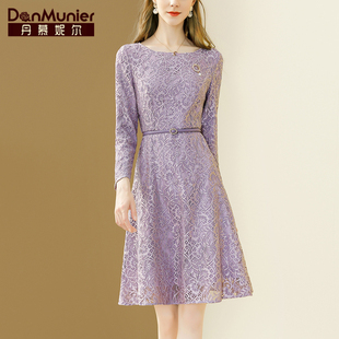 丹慕妮尔紫色法式高端轻奢蕾丝连衣裙，女春秋气质收腰显瘦裙子