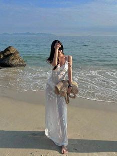 海边旅游拍照度假比基尼泳衣套装，超仙白色网纱性感透视吊带连衣裙
