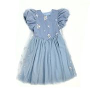 重工夏季爱莎公主裙，女童梦幻蓝色网纱生日，礼服刺绣泡泡袖连衣裙