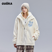 GUUKA米白色羊羔绒夹克女秋冬潮 情侣时尚高级仿兔毛高领外套宽松