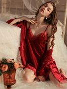 睡衣女春秋款金丝绒性感，睡裙两件套装，2023红色结婚新娘晨袍冬
