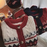 新年复古提花圆领针织开衫女2023年秋冬圣诞红色毛衣外套潮