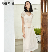 shirleyyu2024夏原创(夏原创)设计裸色花苞袖雪纺连衣裙伴娘服小礼服