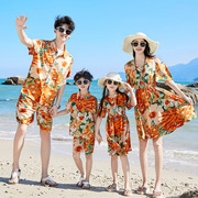 2024母女裙亲子装一家三口四口海边沙滩衬衣夏装短袖短裤套装