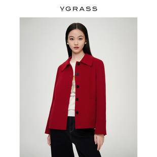 vgrass新年红色真丝，羊毛呢外套女冬季简约短外套vsd1o43680
