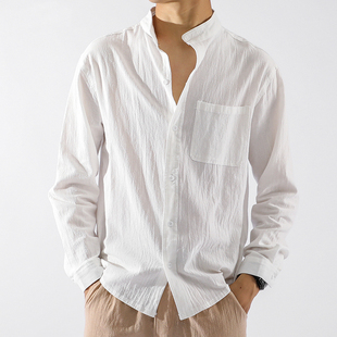 夏季亚麻衬衫男长袖修身休闲薄款纯色日系复古工装，春秋季棉麻衬衣