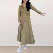 复古新中式国风大码套装长袖衬衫女装春秋季高级感半身裙裤两件套