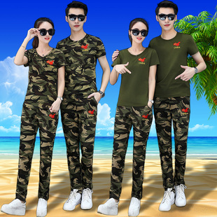 2023夏装情侣装时尚韩版军迷两件套休闲运动套装，户外迷彩服女