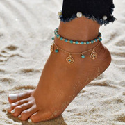 欧美波西米亚脚链蓝松石串珠，钻花盘流苏2件套组合饰品脚饰品