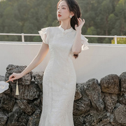 仙女小飞袖白色改良旗袍连衣裙2024夏季气质收腰鱼尾婚宴礼服长裙