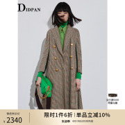 idpan女士经典撞料袖笼，冬季设计感双排扣格纹，羊毛长大衣外套