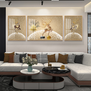 客厅装饰画沙发背景墙三联画轻奢，简约北欧星空，麋鹿挂画壁画晶瓷画